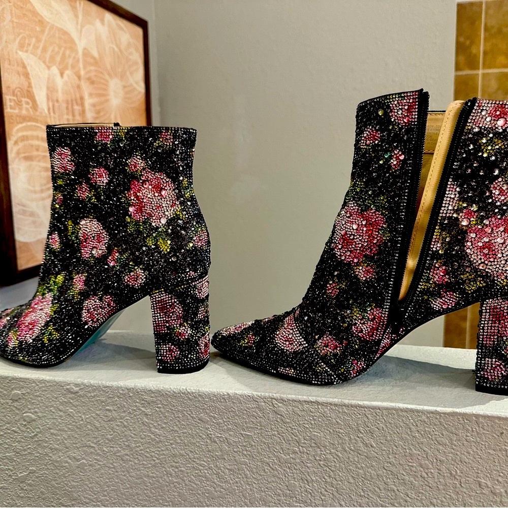 Floral Crystal Embellished Black Ankle Boots